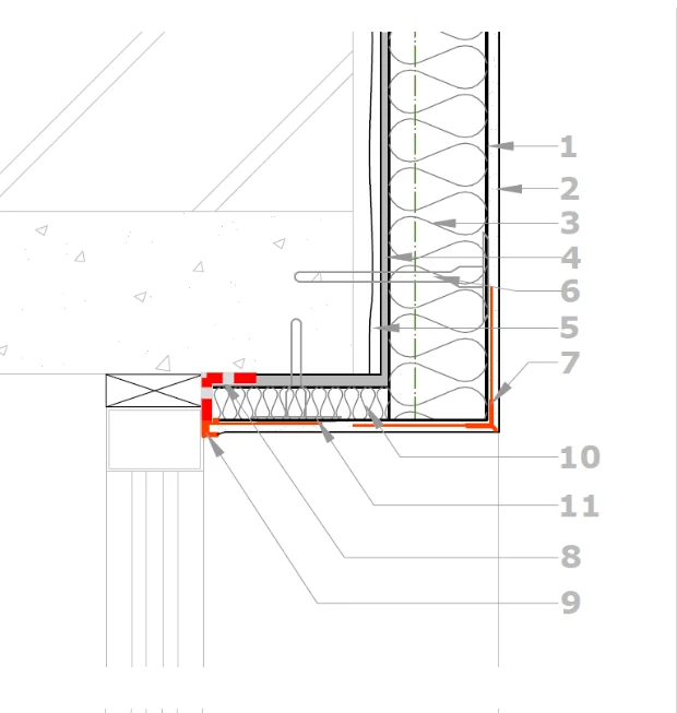Numbered window-reveal junction drawing showing insulation, airtightness tape and reveal board