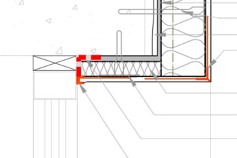 Junction drawing with the airtightness tape line marked around a window reveal