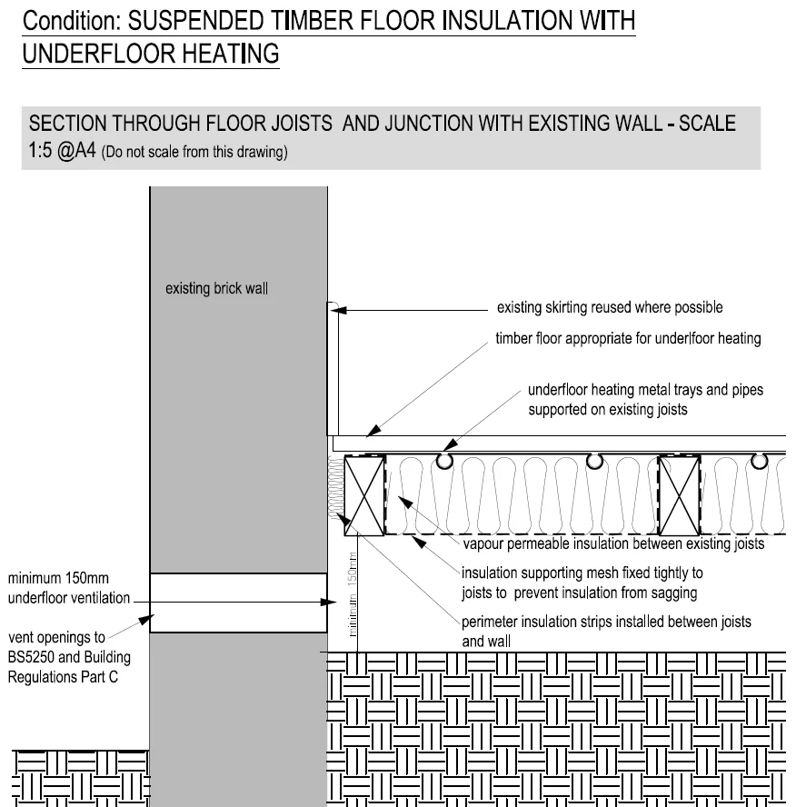 Section drawing through the suspended timber floor showing insulation between joists and underfloor heating above
