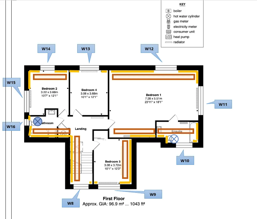First-floor plan showing wall insulation zones and the nine sloping-ceiling zones