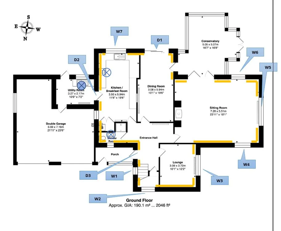 Ground-floor plan with every external wall zoned for room-by-room internal insulation