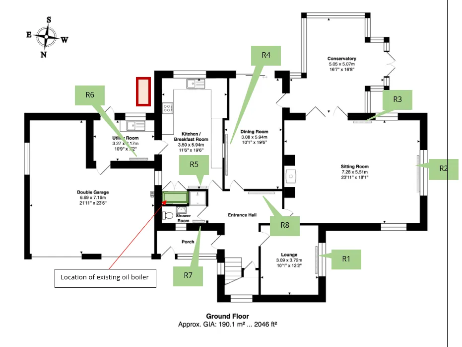 Ground-floor heating map of Orchard House with all emitters logged and the old boiler position marked