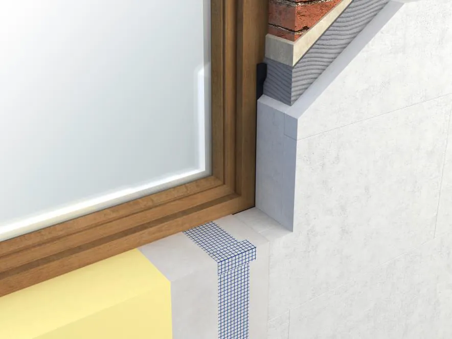 3D detail of an insulated window reveal meeting internal wall insulation