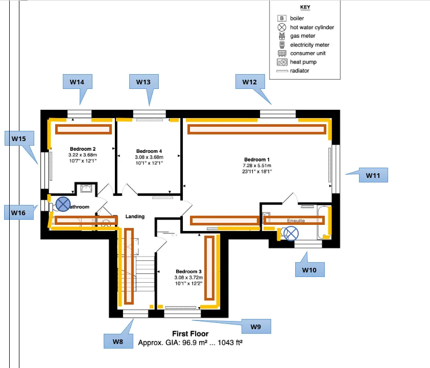 First-floor plan of Orchard House marking wall insulation and the nine sloping-ceiling zones